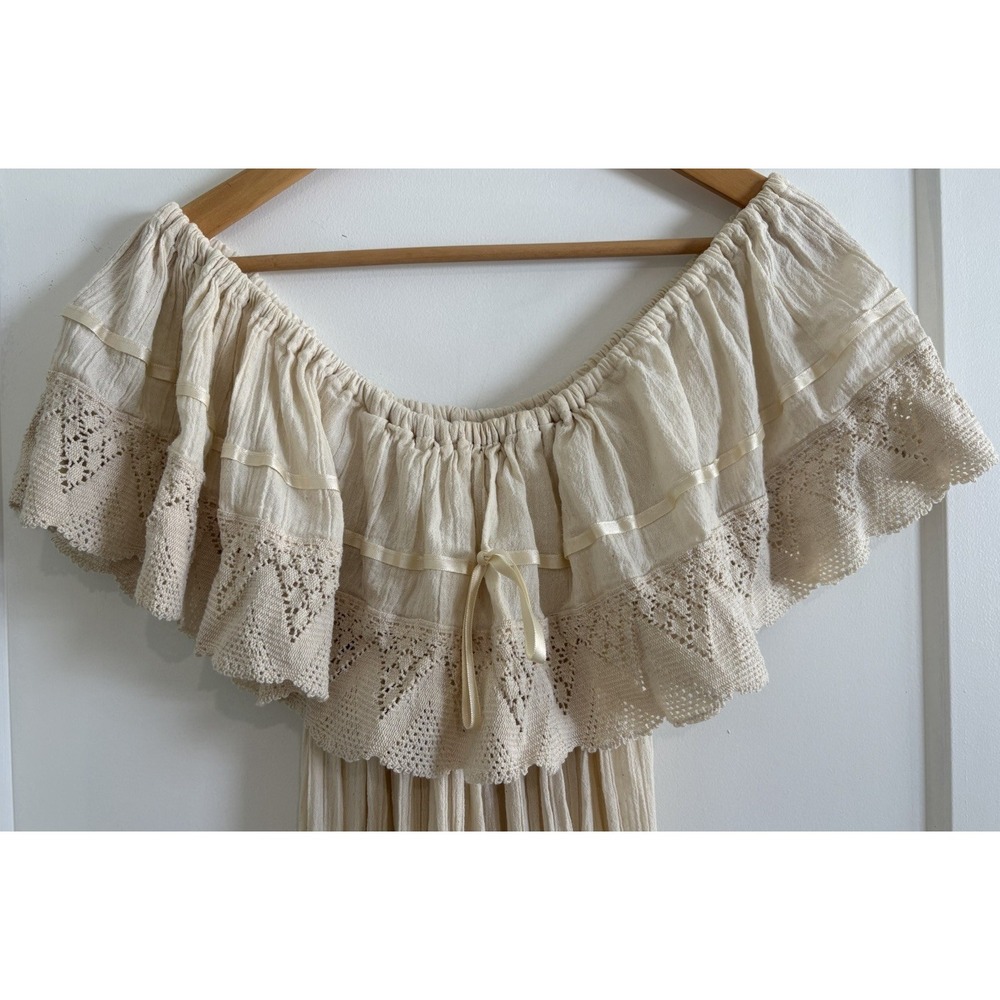 Vtg 70s Mexican Wedding Dress Off Shoulder Gauze Lace Tiered Peasant Boho XS SM - Picture 3 of 11